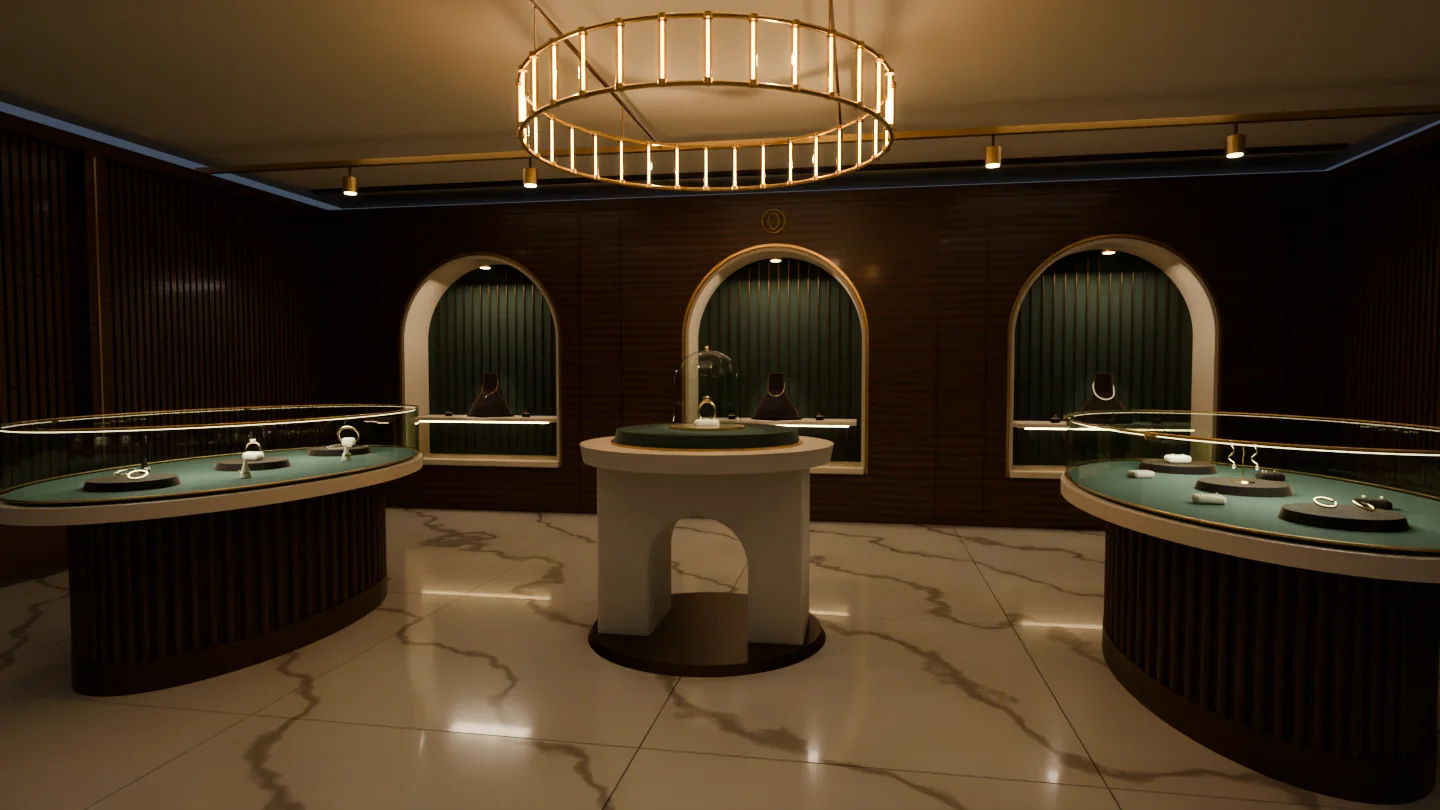 Sıcak ışıklı, kemerli nişleri ve cam vitrin adaları olan bir mücevher butiğinin içi; ortadaki kaidede cam fanus altında bir yüzük (3D render, temsili butik)