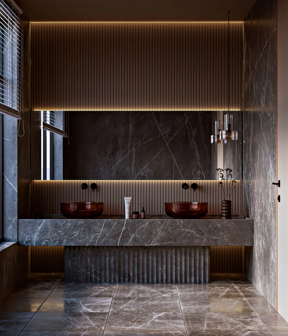 Koyu mermer kaplı, gizli aydınlatmalı lavabo