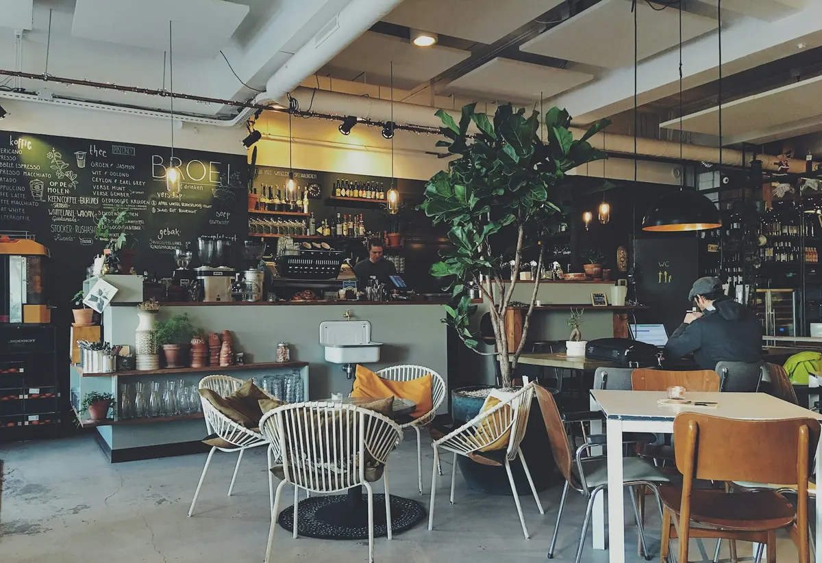 Bitkilerle dolu aydınlık kafe salonu