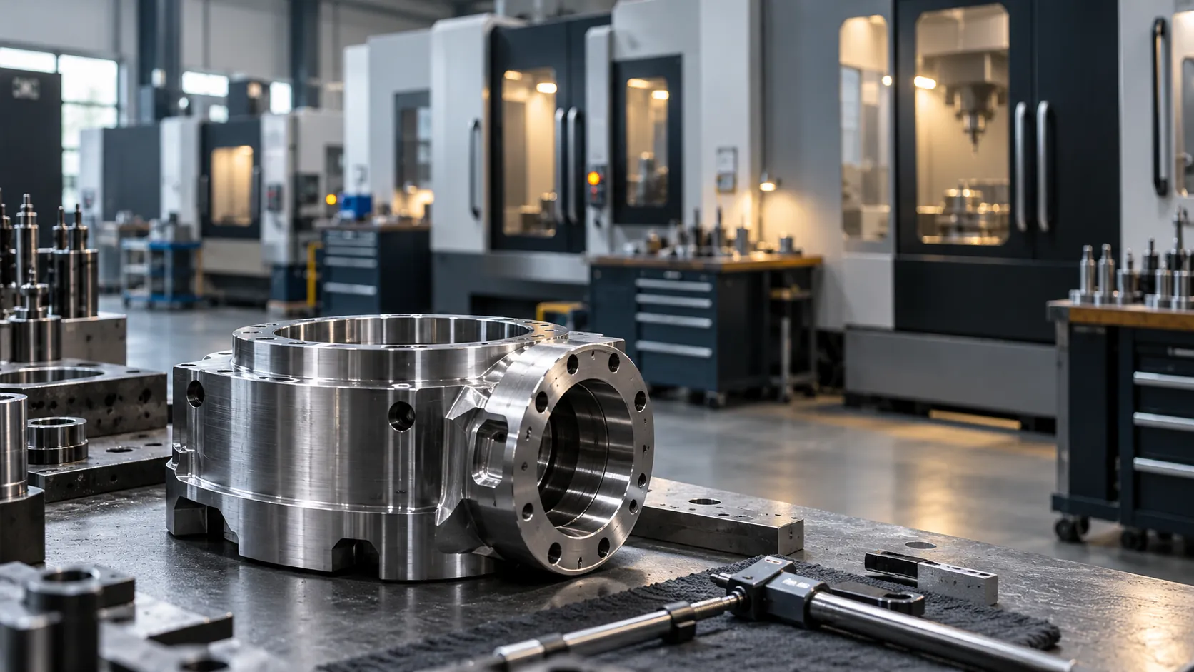 Talaşlı imalat tezgâhlarının önünde, tezgâh üzerinde parlak işlenmiş metal bir gövde (AI konsept görsel)