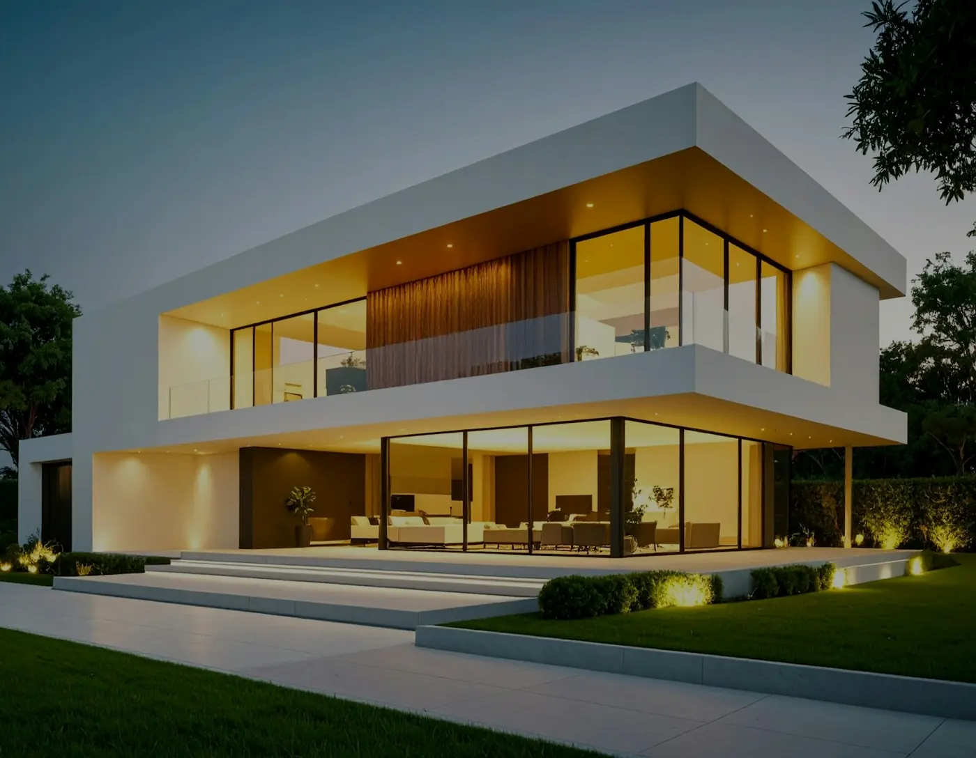 Akşam ışığında beyaz cepheli, geniş saçaklı modern villa