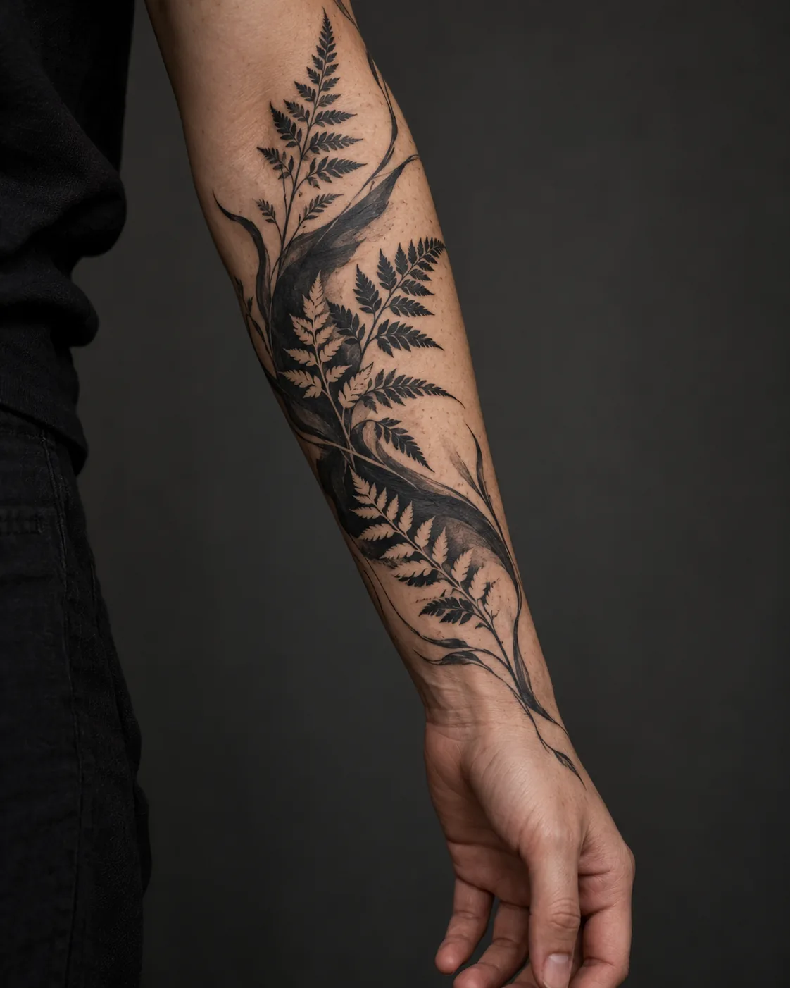 Yetişkin ön kol üzerinde botanik blackwork dövme konsepti