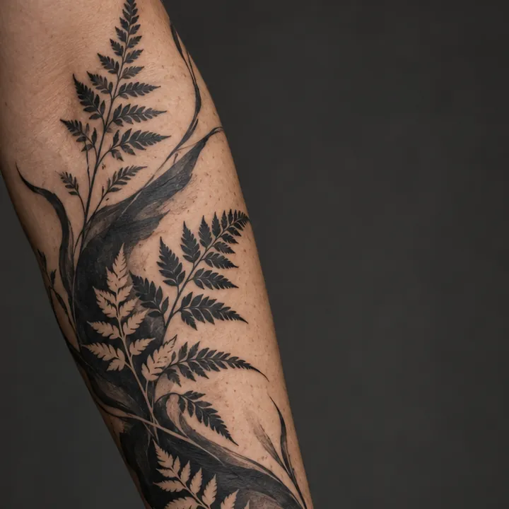 Ön kolda eğrelti yapraklı blackwork dövme konseptinin yakın görünümü