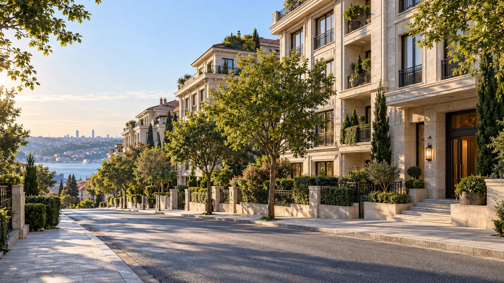 Güneşli, ağaçlı bir sokakta taş cepheli apartmanlar; uzakta deniz ve şehir silueti (konsept görsel)