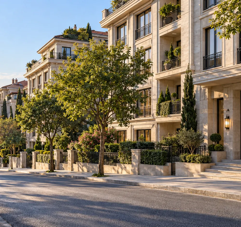 Ağaçlı, taş cepheli apartmanların sıralandığı güneşli bir sokak (konsept görsel)