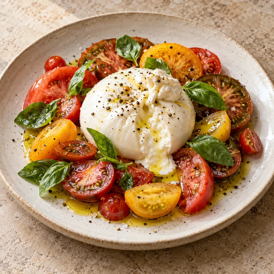 Domates ve fesleğenle sunulan burrata konsepti