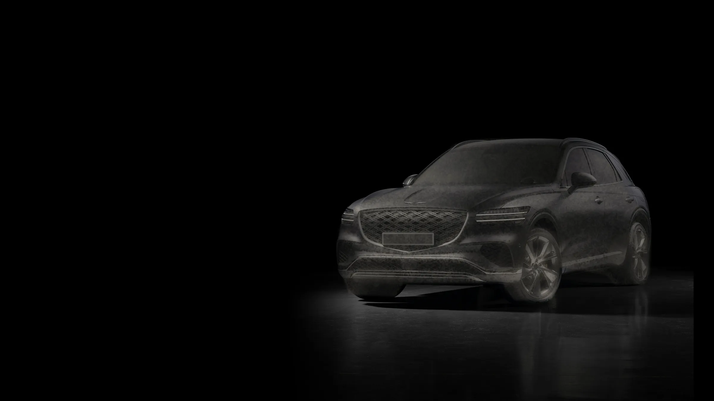 Karanlık stüdyoda tozlu, çamur sıçramış siyah bir SUV